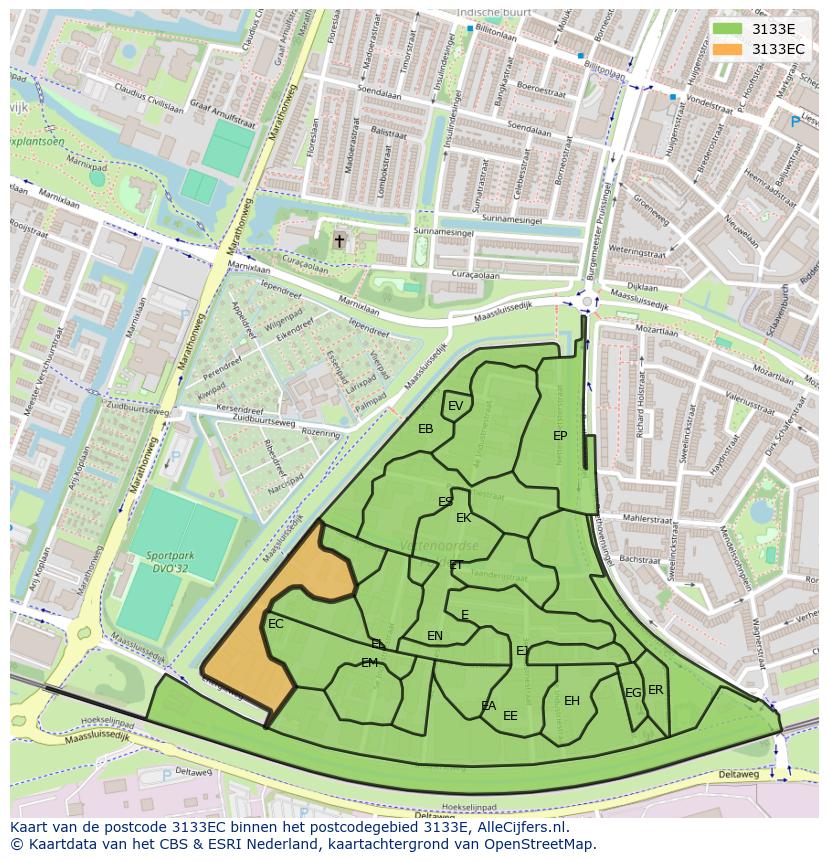 Afbeelding van het postcodegebied 3133 EC op de kaart.