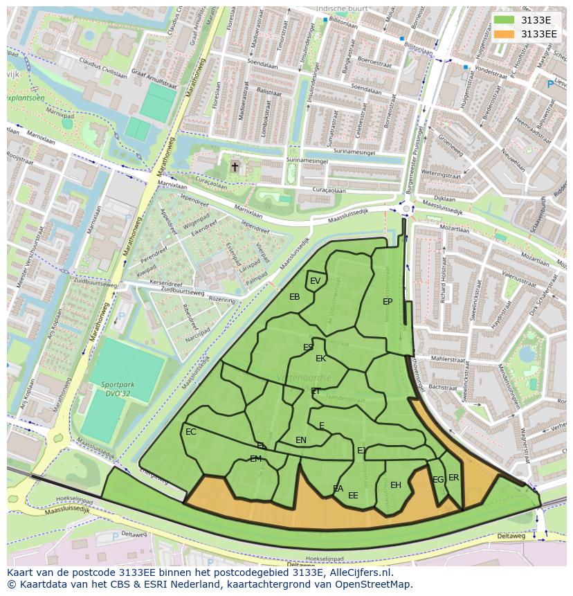 Afbeelding van het postcodegebied 3133 EE op de kaart.