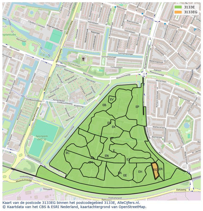 Afbeelding van het postcodegebied 3133 EG op de kaart.