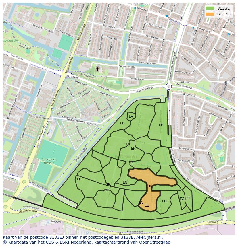Afbeelding van het postcodegebied 3133 EJ op de kaart.