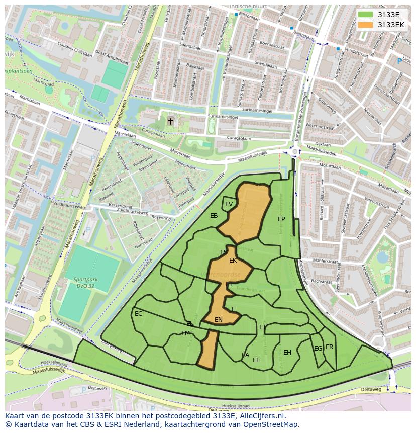 Afbeelding van het postcodegebied 3133 EK op de kaart.
