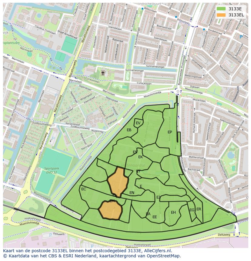 Afbeelding van het postcodegebied 3133 EL op de kaart.