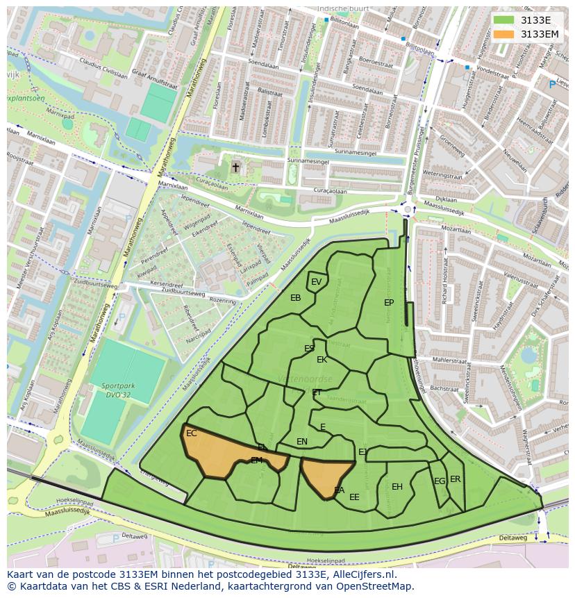 Afbeelding van het postcodegebied 3133 EM op de kaart.