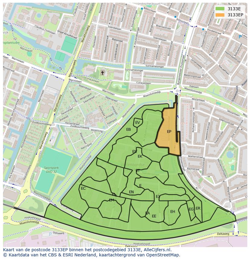 Afbeelding van het postcodegebied 3133 EP op de kaart.