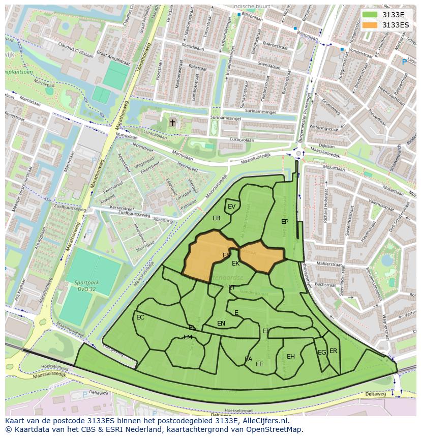 Afbeelding van het postcodegebied 3133 ES op de kaart.