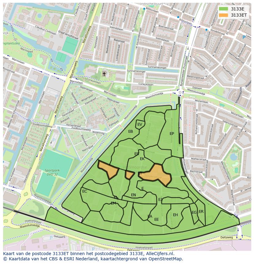 Afbeelding van het postcodegebied 3133 ET op de kaart.