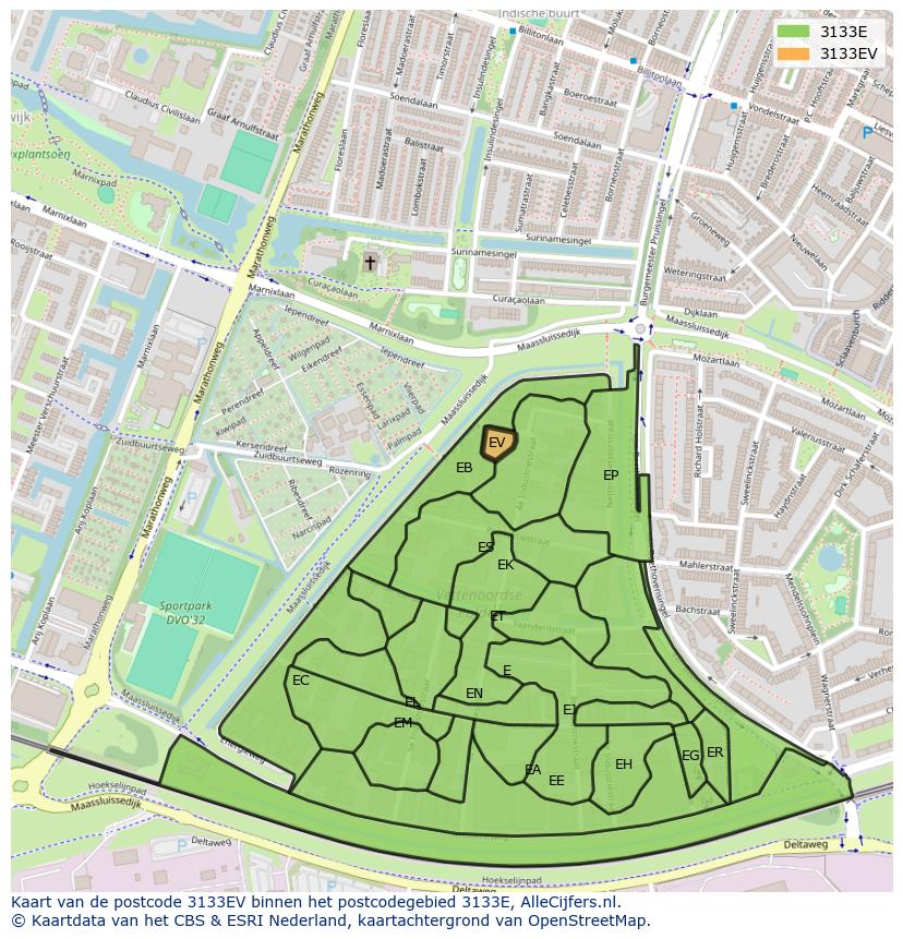 Afbeelding van het postcodegebied 3133 EV op de kaart.