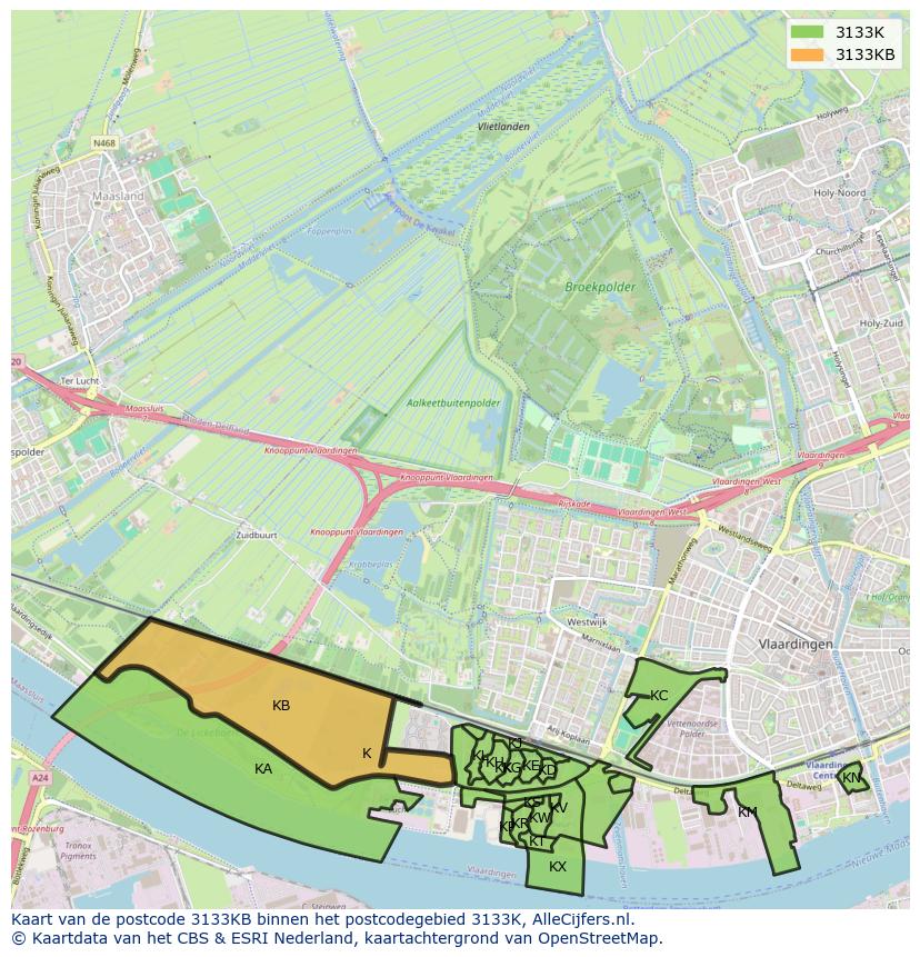 Afbeelding van het postcodegebied 3133 KB op de kaart.