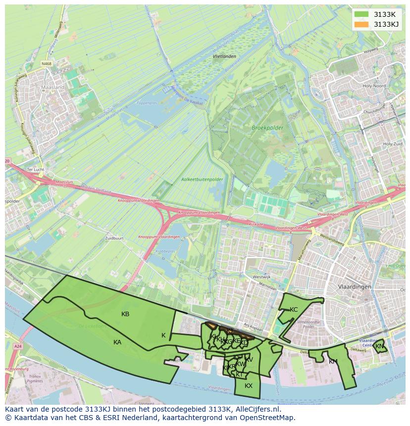 Afbeelding van het postcodegebied 3133 KJ op de kaart.