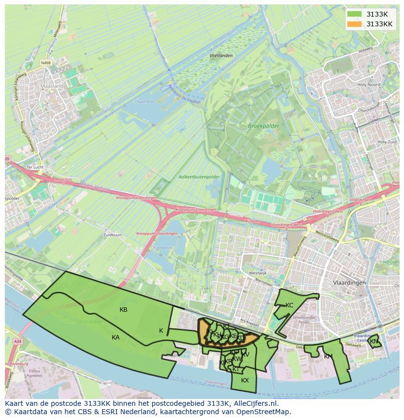 Afbeelding van het postcodegebied 3133 KK op de kaart.