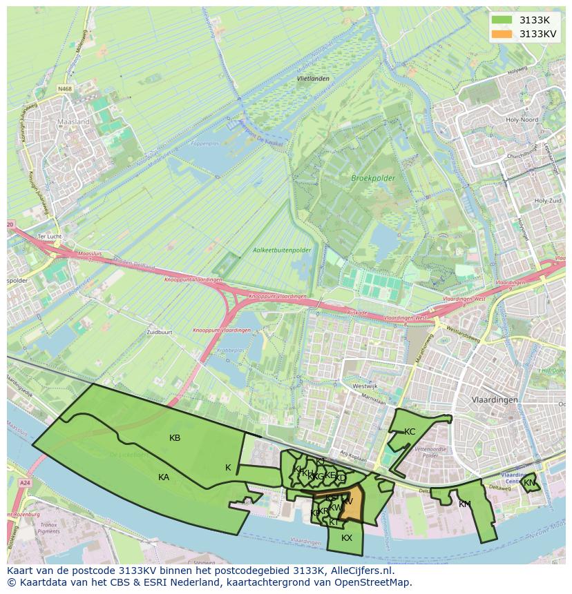 Afbeelding van het postcodegebied 3133 KV op de kaart.