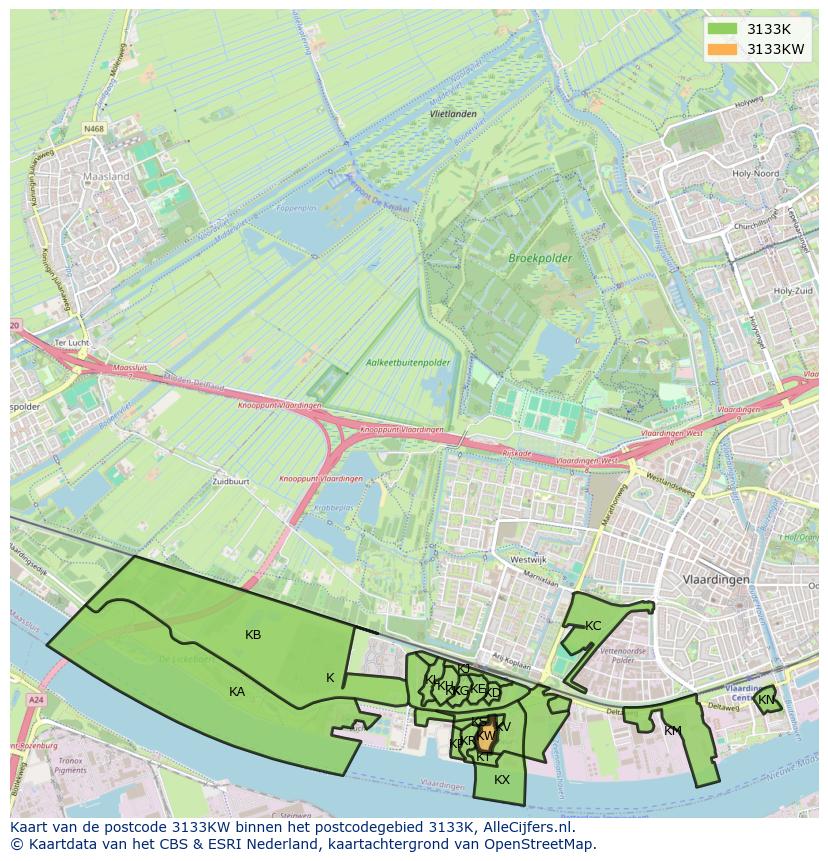 Afbeelding van het postcodegebied 3133 KW op de kaart.