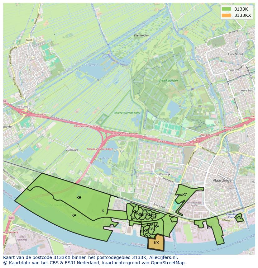 Afbeelding van het postcodegebied 3133 KX op de kaart.