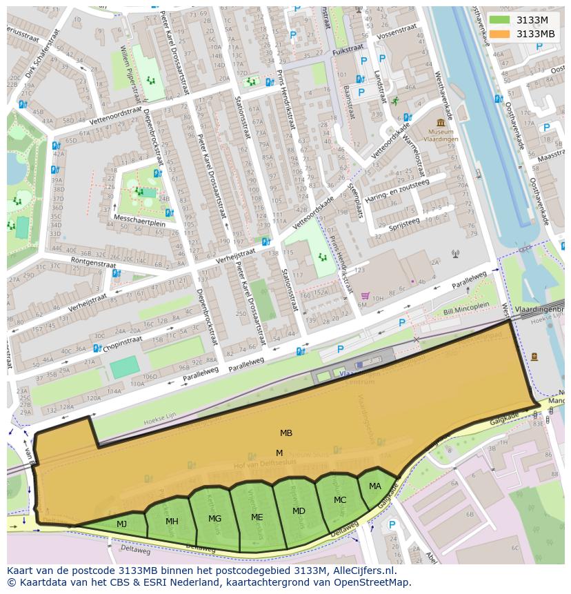 Afbeelding van het postcodegebied 3133 MB op de kaart.