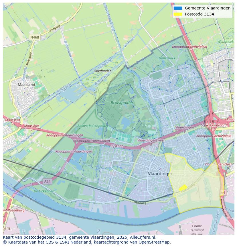 Afbeelding van het postcodegebied 3134 op de kaart.