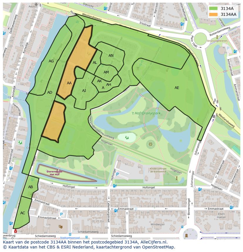 Afbeelding van het postcodegebied 3134 AA op de kaart.