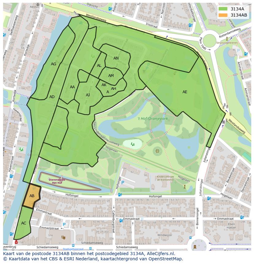 Afbeelding van het postcodegebied 3134 AB op de kaart.