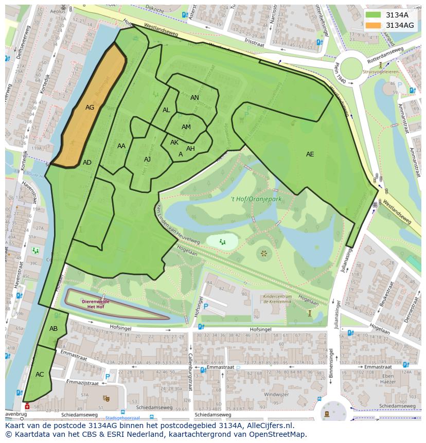 Afbeelding van het postcodegebied 3134 AG op de kaart.