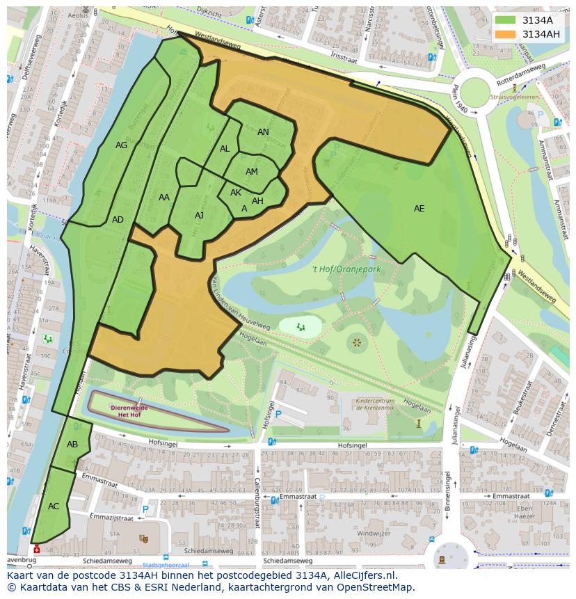 Afbeelding van het postcodegebied 3134 AH op de kaart.