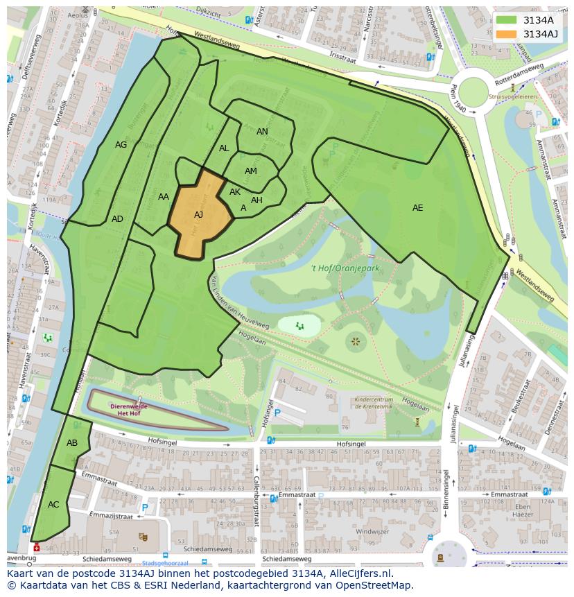 Afbeelding van het postcodegebied 3134 AJ op de kaart.