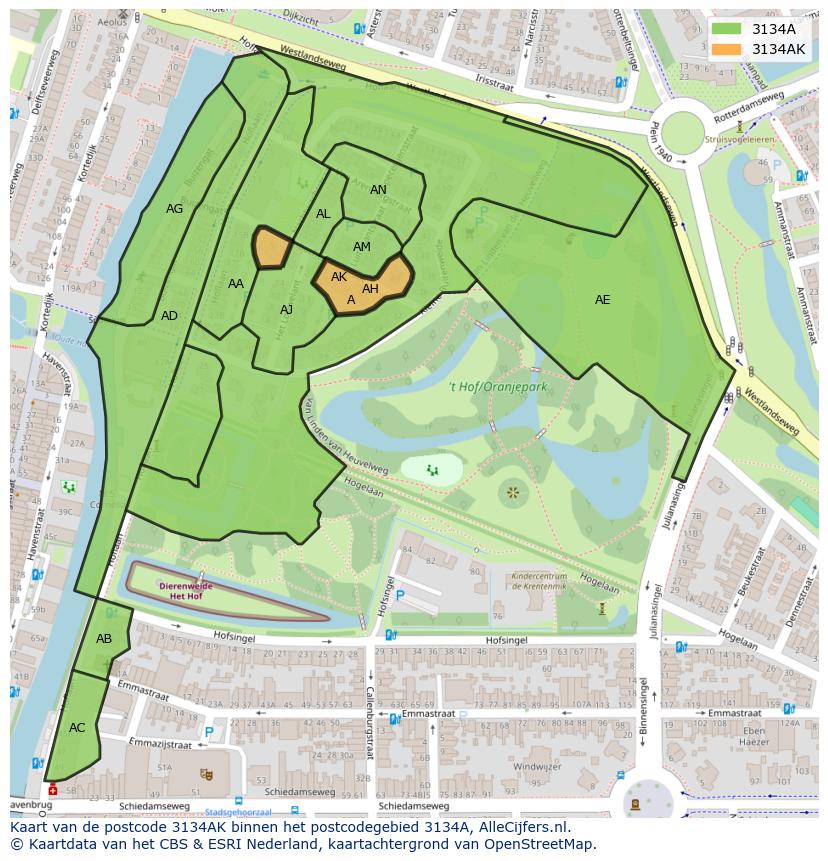 Afbeelding van het postcodegebied 3134 AK op de kaart.