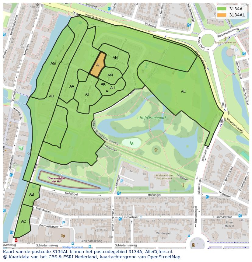 Afbeelding van het postcodegebied 3134 AL op de kaart.