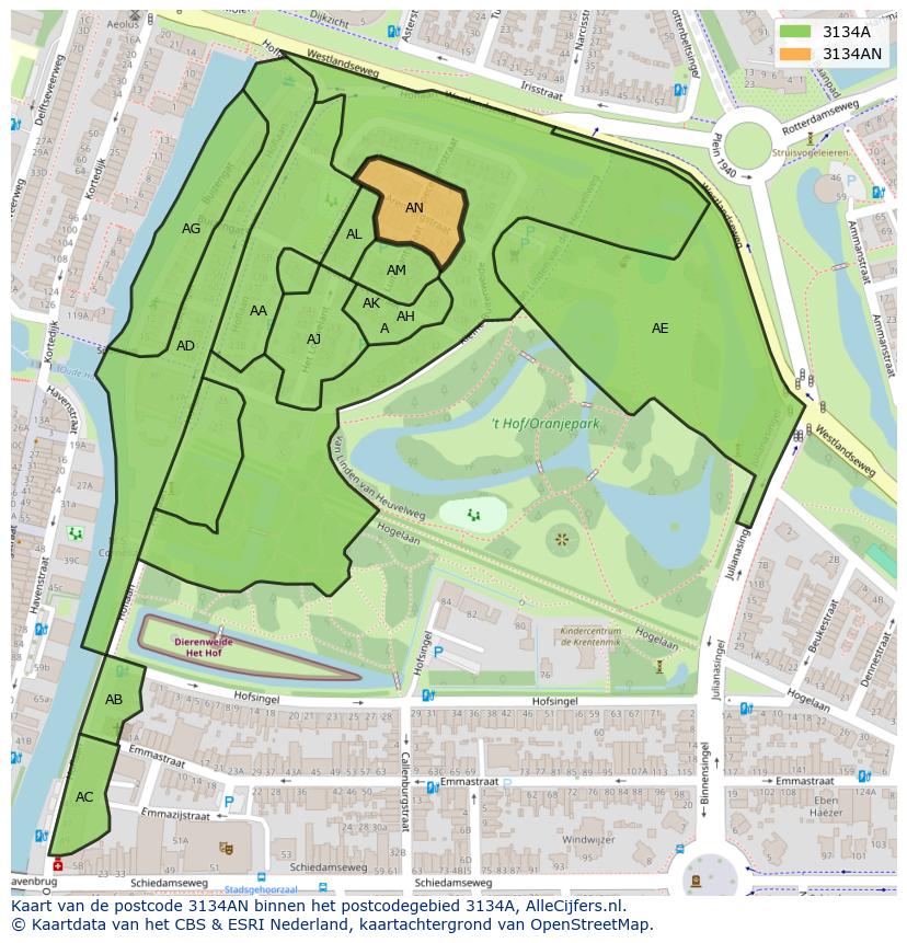 Afbeelding van het postcodegebied 3134 AN op de kaart.