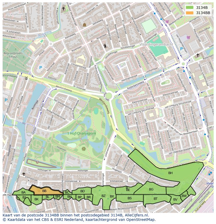 Afbeelding van het postcodegebied 3134 BB op de kaart.