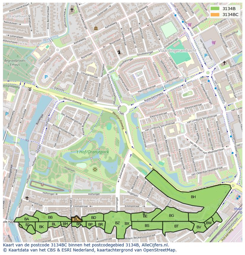 Afbeelding van het postcodegebied 3134 BC op de kaart.