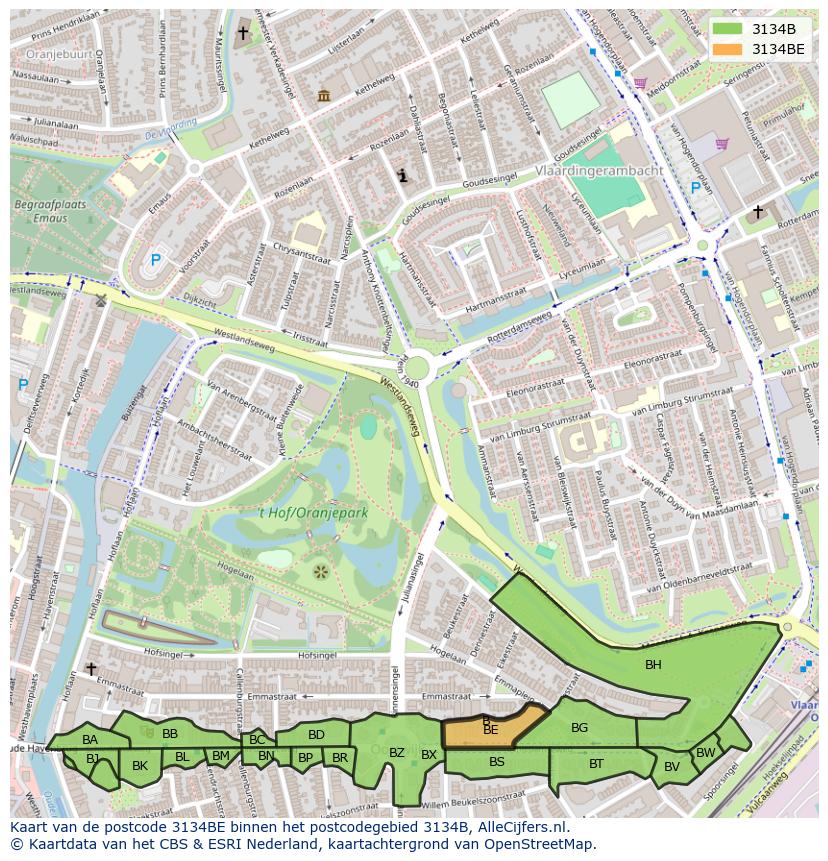 Afbeelding van het postcodegebied 3134 BE op de kaart.