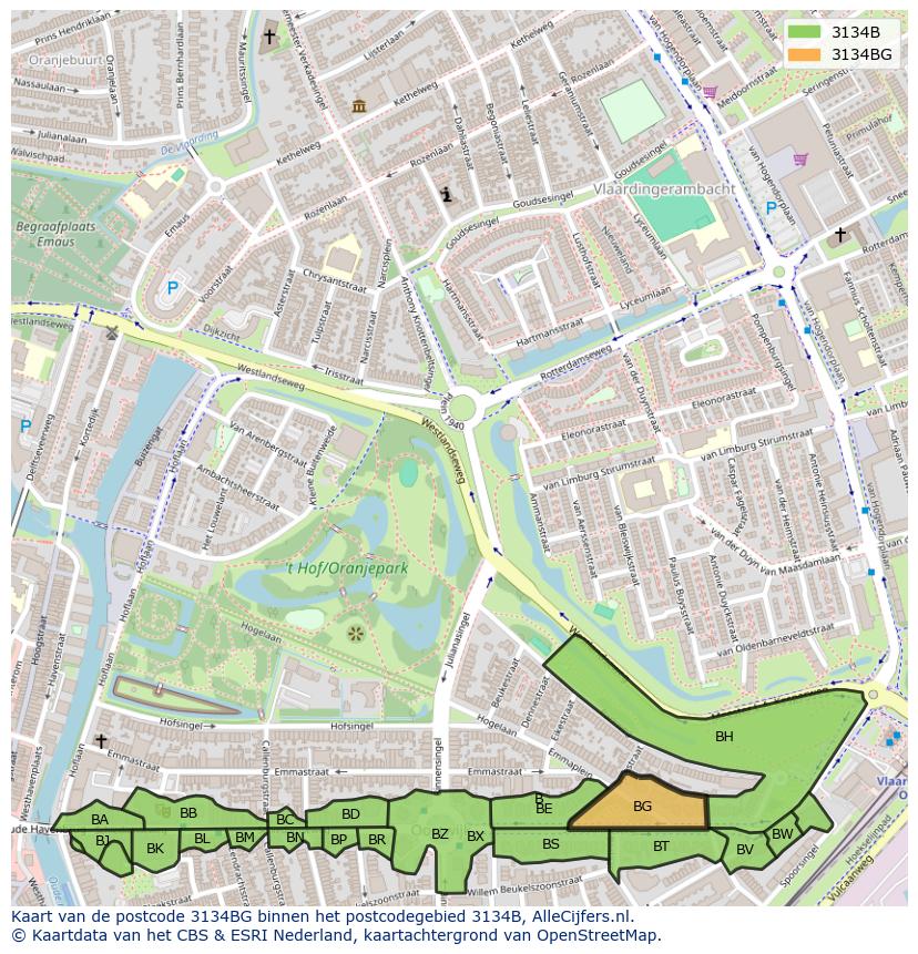 Afbeelding van het postcodegebied 3134 BG op de kaart.