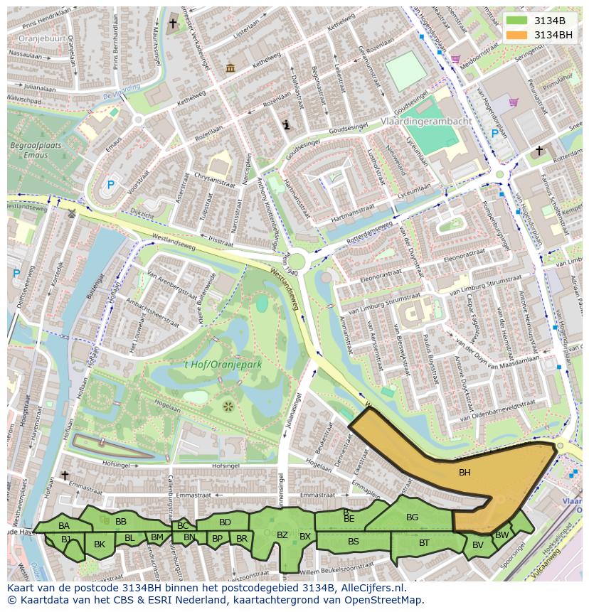 Afbeelding van het postcodegebied 3134 BH op de kaart.