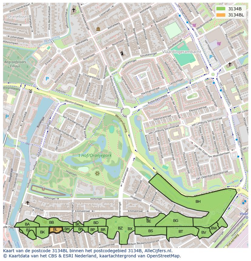 Afbeelding van het postcodegebied 3134 BL op de kaart.