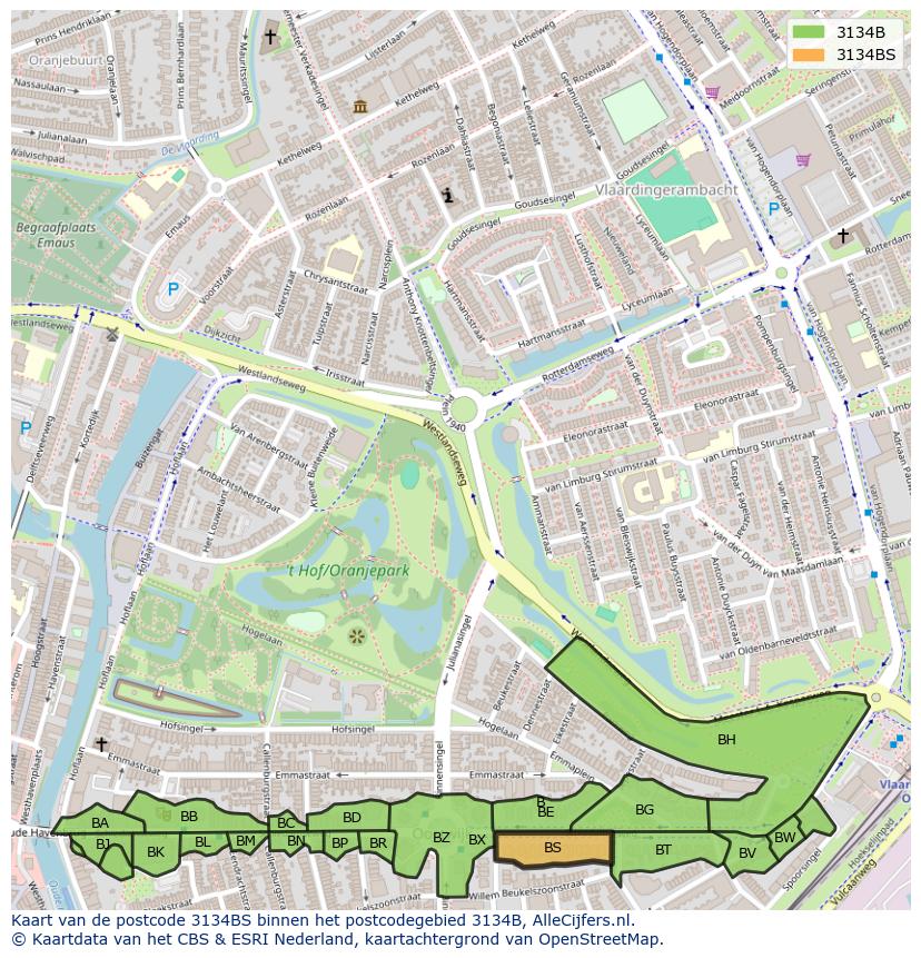 Afbeelding van het postcodegebied 3134 BS op de kaart.