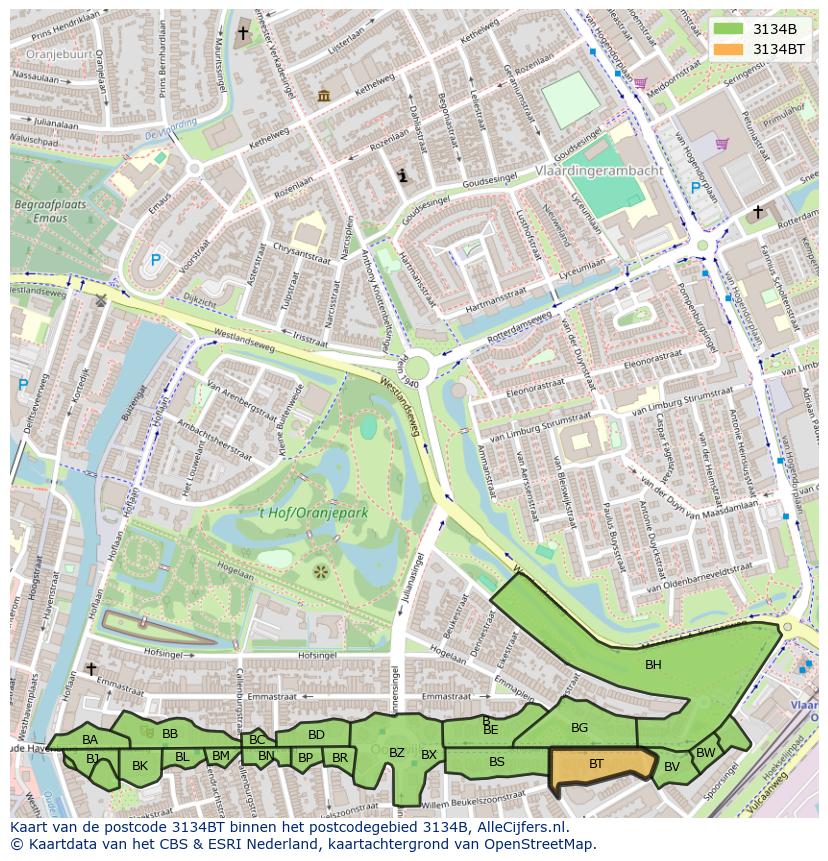 Afbeelding van het postcodegebied 3134 BT op de kaart.