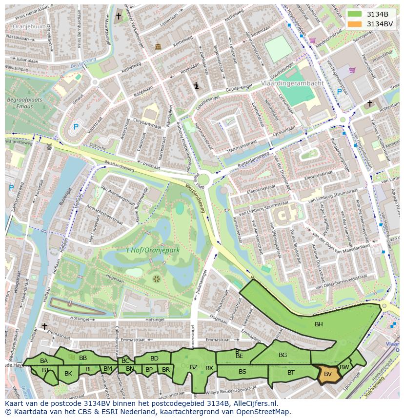 Afbeelding van het postcodegebied 3134 BV op de kaart.