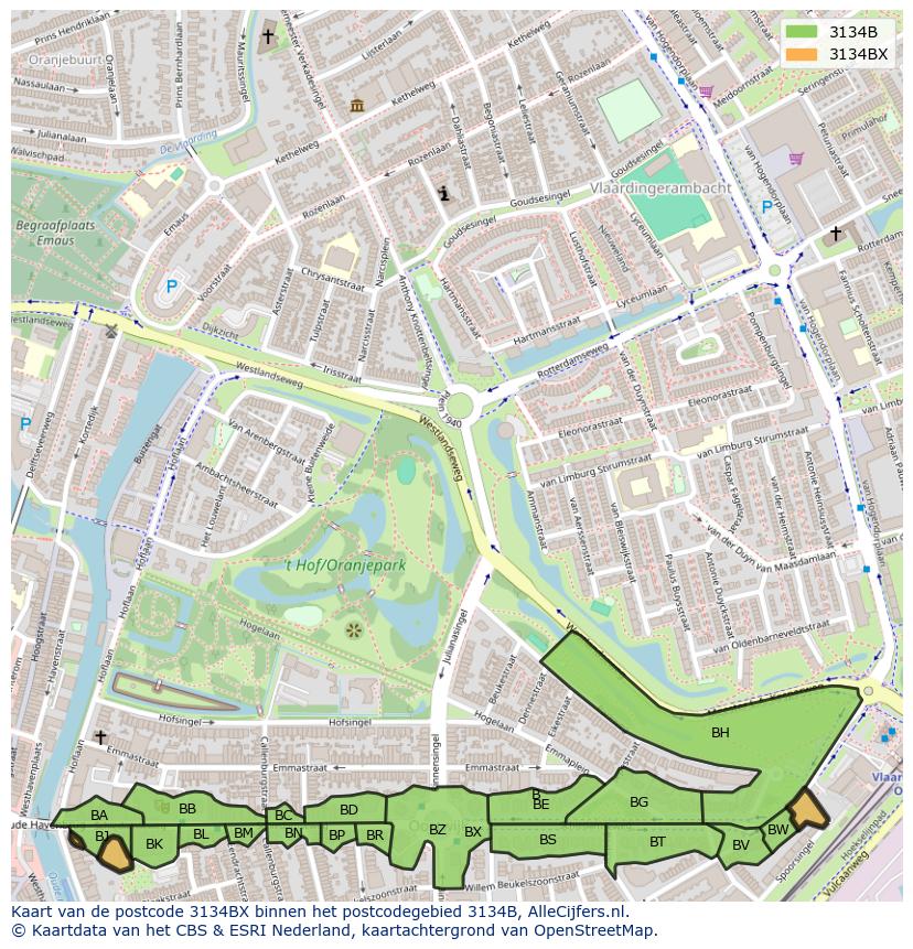 Afbeelding van het postcodegebied 3134 BX op de kaart.