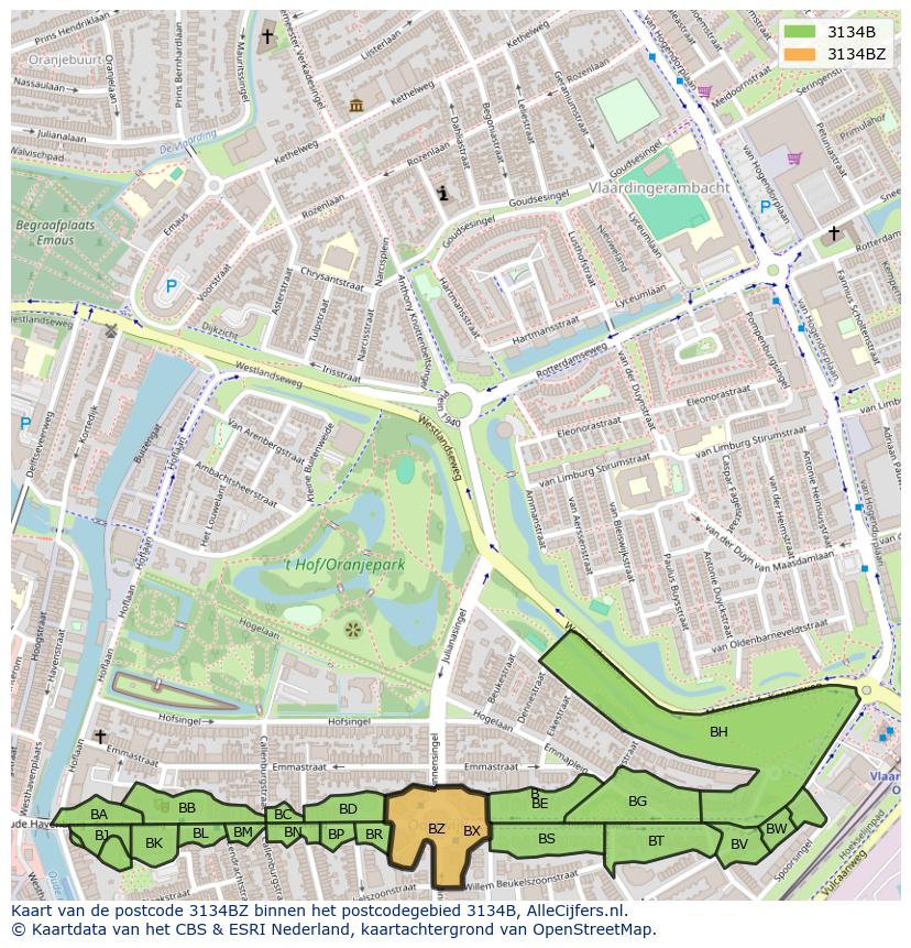 Afbeelding van het postcodegebied 3134 BZ op de kaart.