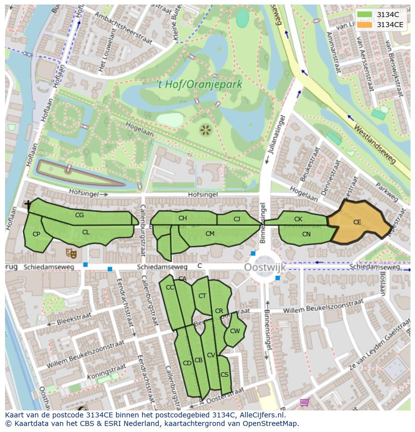 Afbeelding van het postcodegebied 3134 CE op de kaart.