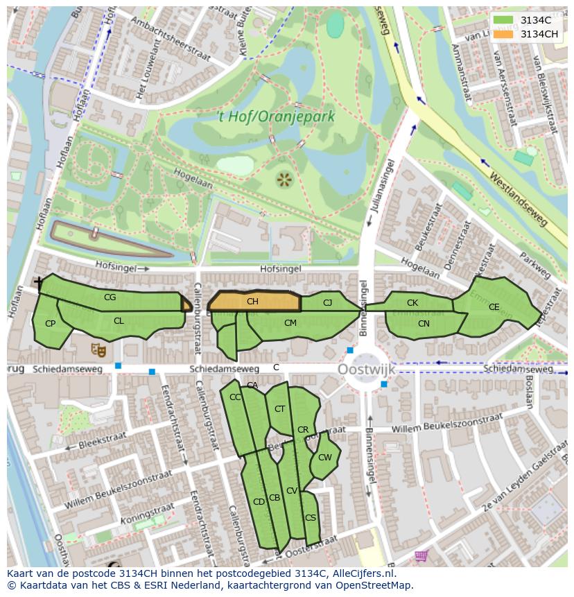 Afbeelding van het postcodegebied 3134 CH op de kaart.