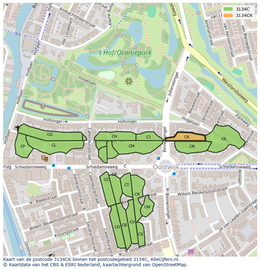 Afbeelding van het postcodegebied 3134 CK op de kaart.