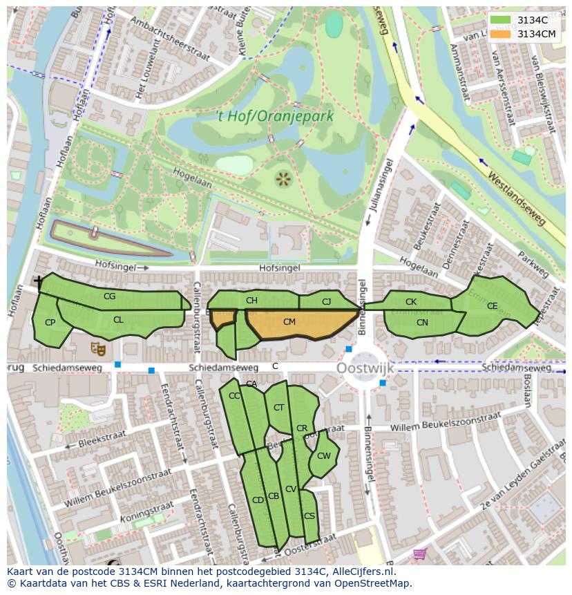 Afbeelding van het postcodegebied 3134 CM op de kaart.