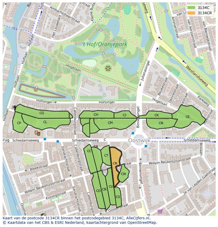 Afbeelding van het postcodegebied 3134 CR op de kaart.
