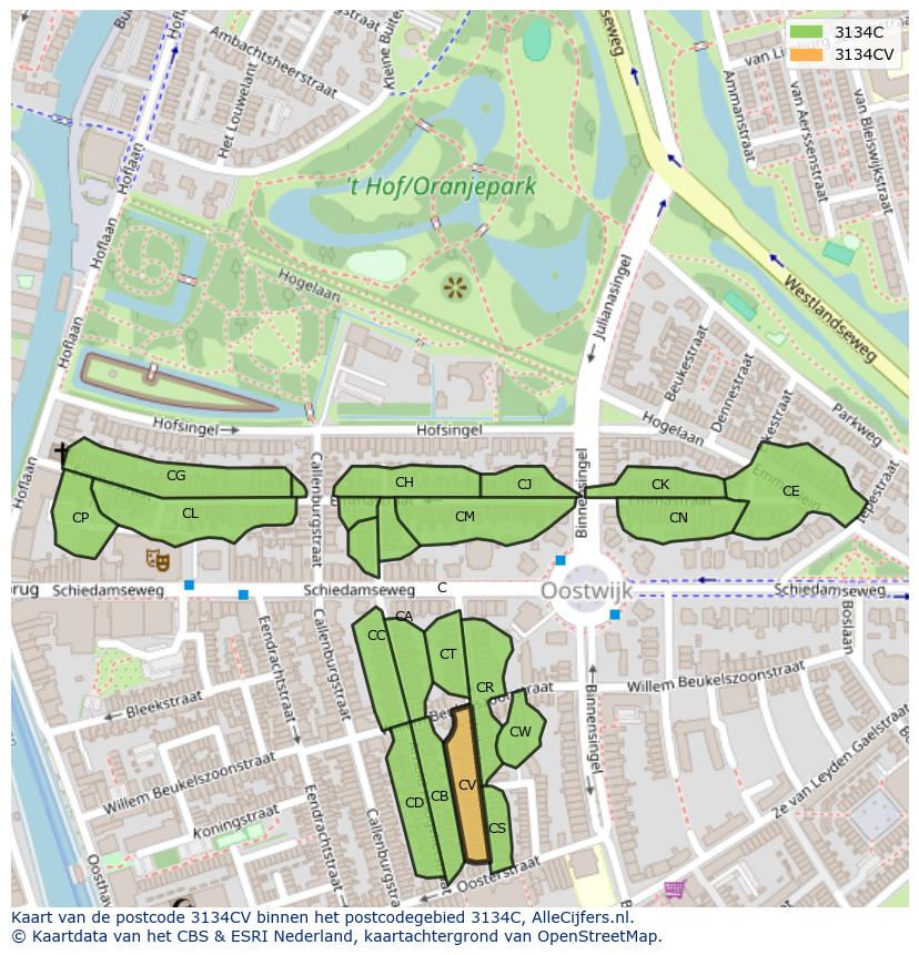 Afbeelding van het postcodegebied 3134 CV op de kaart.