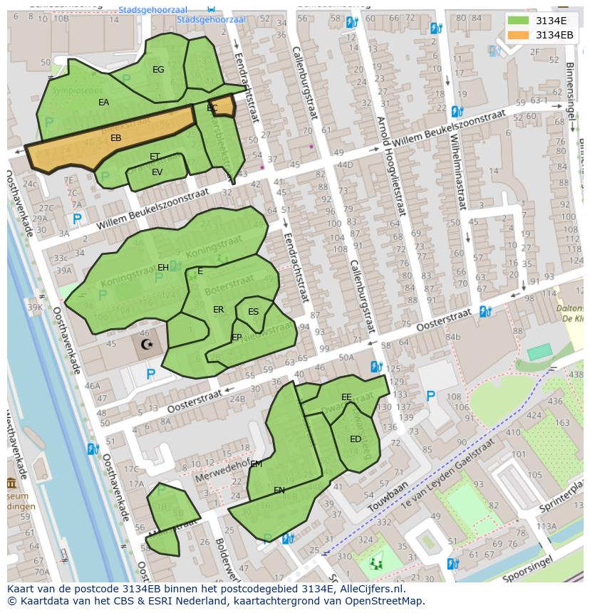 Afbeelding van het postcodegebied 3134 EB op de kaart.