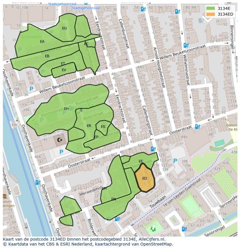 Afbeelding van het postcodegebied 3134 ED op de kaart.
