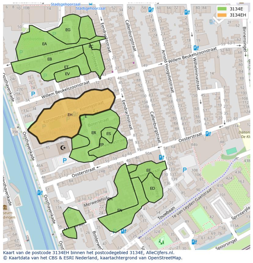 Afbeelding van het postcodegebied 3134 EH op de kaart.