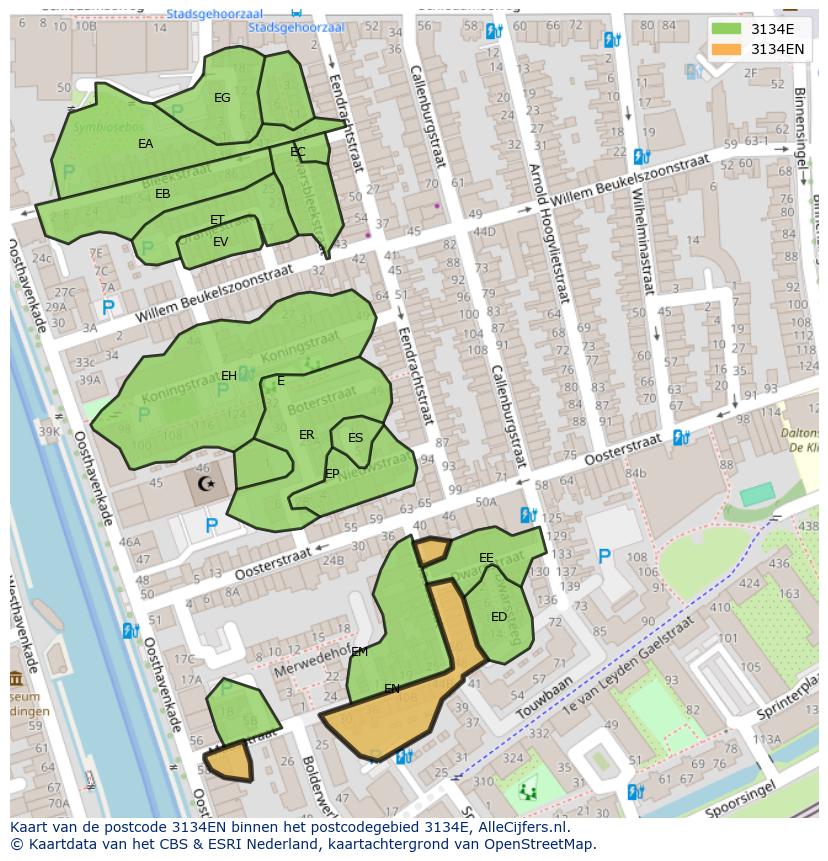 Afbeelding van het postcodegebied 3134 EN op de kaart.