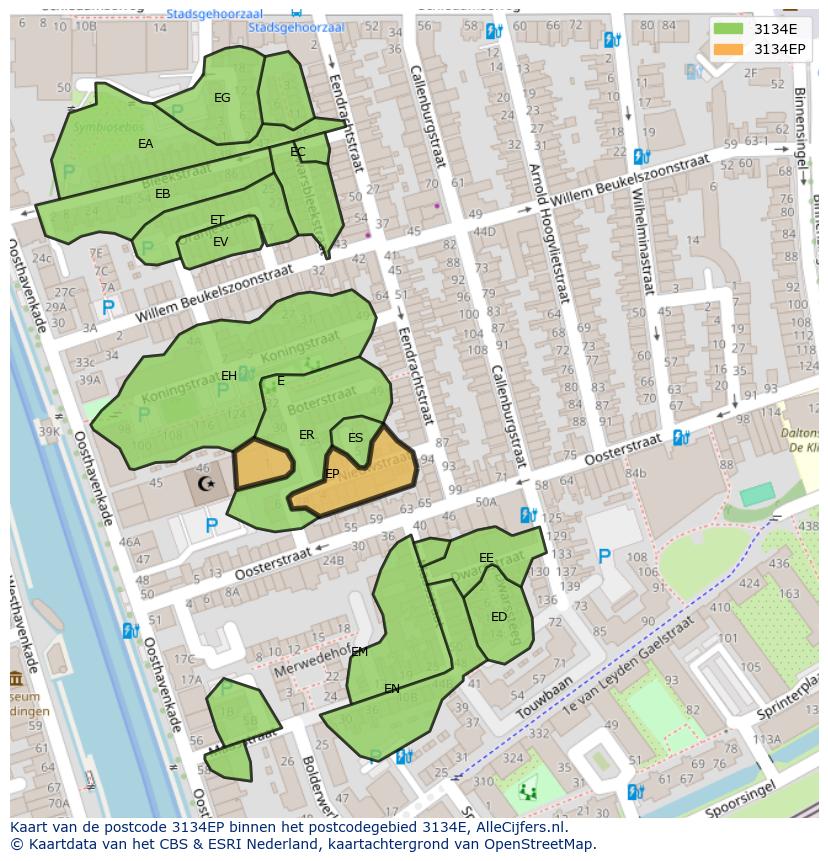 Afbeelding van het postcodegebied 3134 EP op de kaart.