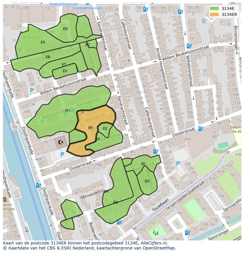 Afbeelding van het postcodegebied 3134 ER op de kaart.